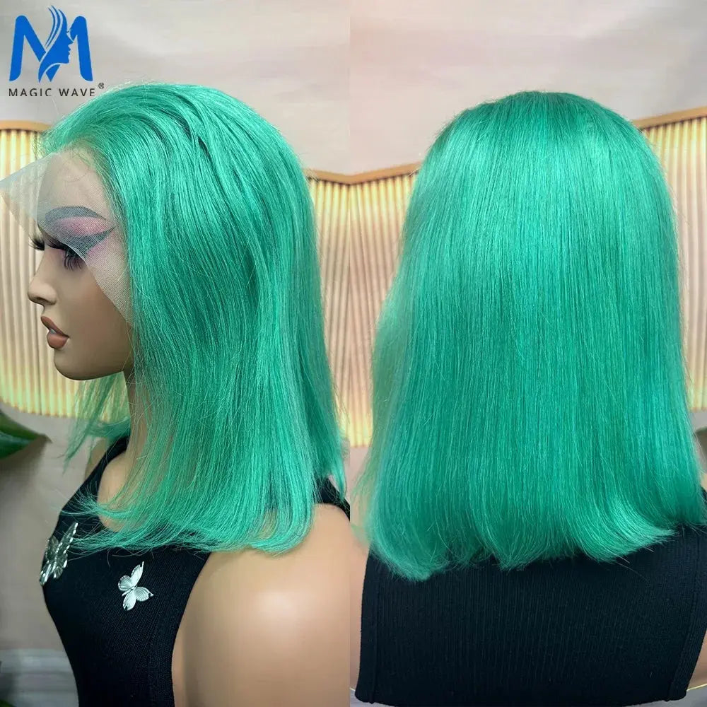 10-16 Inches Mint Green & Straight Short Bob 13x4 Lace Brazilian Remy Human Hair Wig T.L.H.M