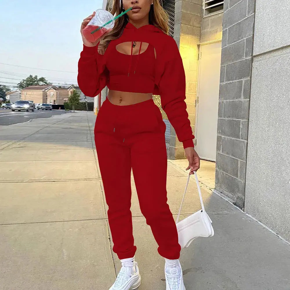 Women 3 Pieces Sets Sweatpants and Hoodie Set Cropped Tops Fleece Pants Suit Tracksuit Fitness Sport Jogger Outfit Clothing T.L.H.M