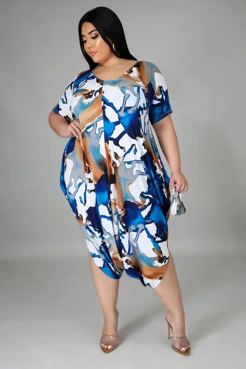 KEXU Plus Size Print Jumpsuit - V Neck Casual Summer Romper T.L.H.M