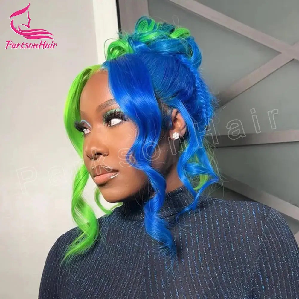 Highlight Black With green 13x6 HD Lace Frontal Wigs Human Hair Wig For Black Women Brazilian Hair Glueless T Part Lace Wigs T.L.H.M