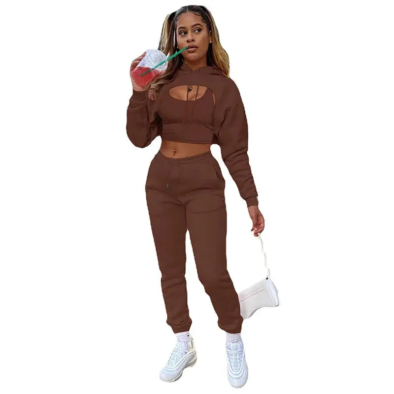 Women 3 Pieces Sets Sweatpants and Hoodie Set Cropped Tops Fleece Pants Suit Tracksuit Fitness Sport Jogger Outfit Clothing T.L.H.M