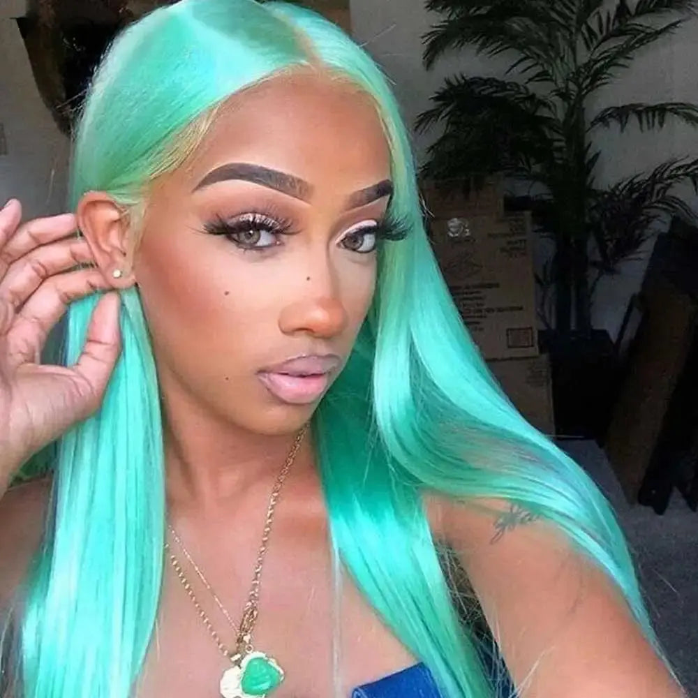 Mint Green Colored 13x4 HD Straight Human Hair/ Wigs Body Wave Pre Plucked Lace Front Wig T.L.H.M