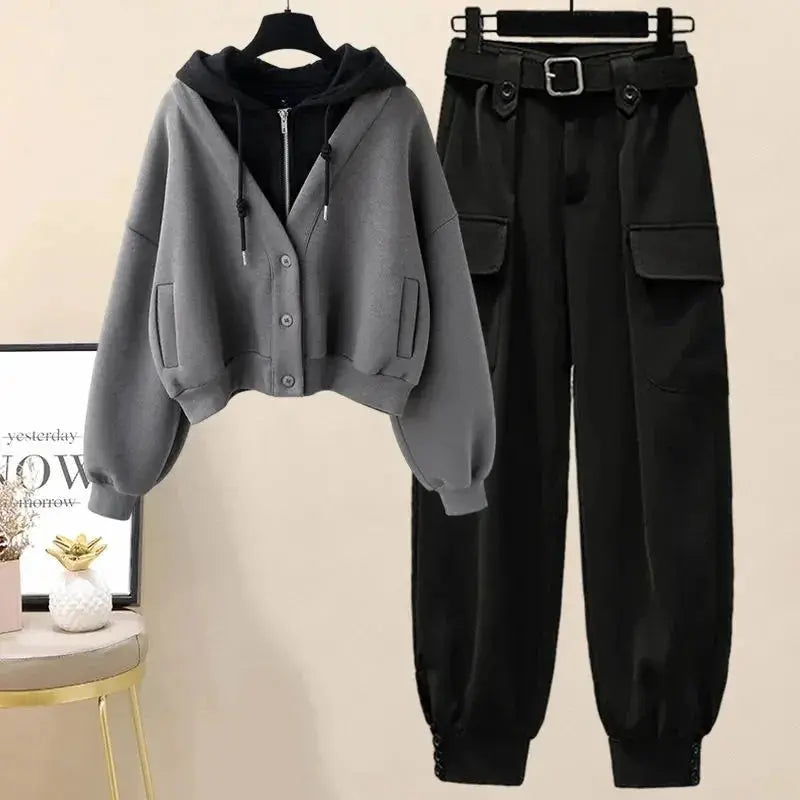 Thick Hooded Jacket & Cargo Pants 2-Piece Loose Set (Plus Size) T.L.H.M