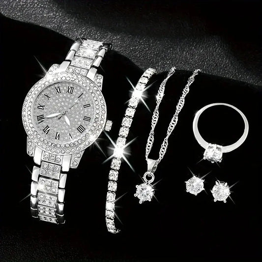 6pcs/set Women's Watch Luxury Rhinestone Quartz Watch Shiny Fashion Analog Wrist Watch & Jewelry Set, Gift For Mom Her T.L.H.M