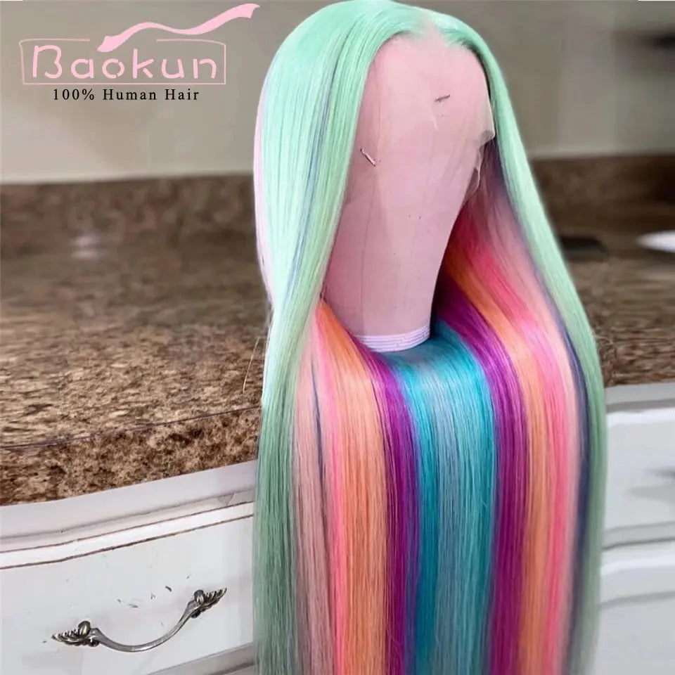 Rainbow Straight Lace Front Wig – Human Hair, Glueless, 13x4/13x6, Blue, Green, Purple, Pink T.L.H.M