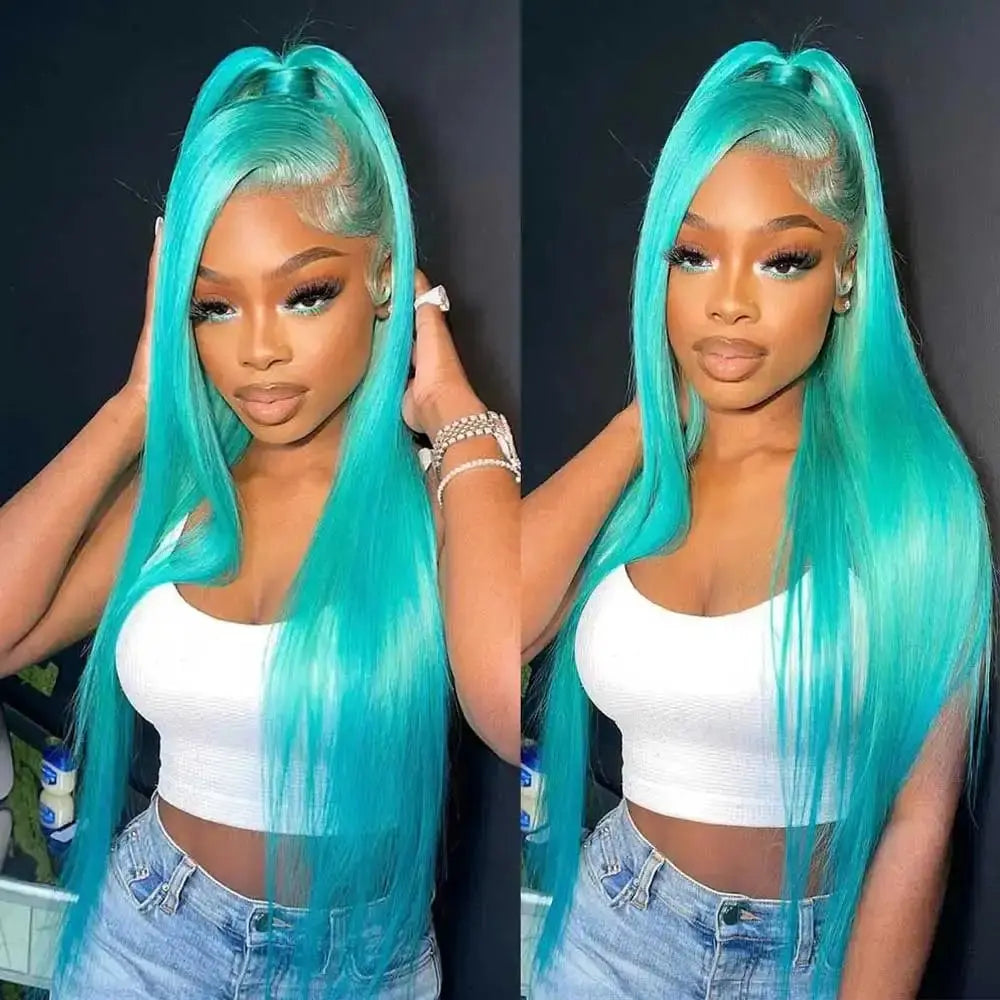 Mint Green Colored 13x4 HD Straight Human Hair/ Wigs Body Wave Pre Plucked Lace Front Wig T.L.H.M