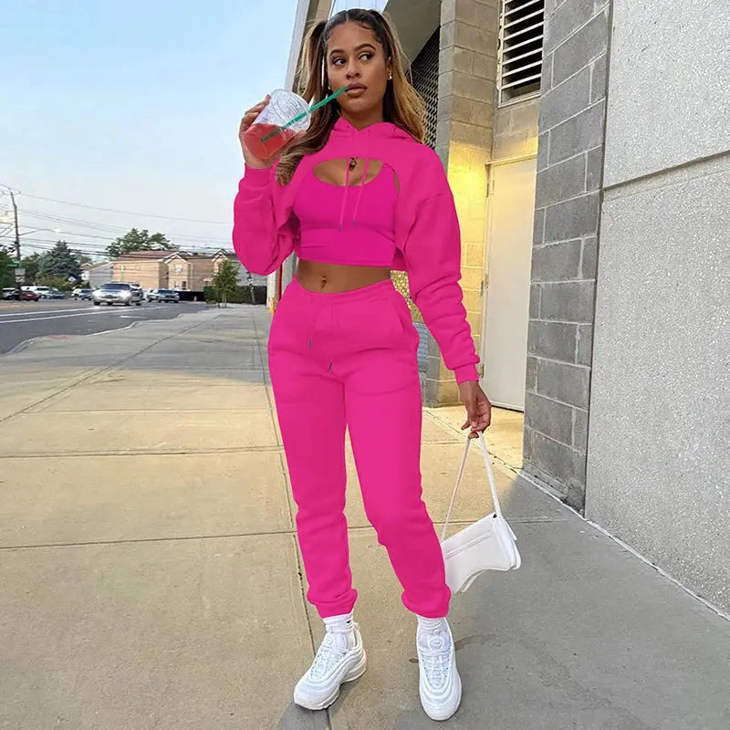 Women 3 Pieces Sets Sweatpants and Hoodie Set Cropped Tops Fleece Pants Suit Tracksuit Fitness Sport Jogger Outfit Clothing T.L.H.M