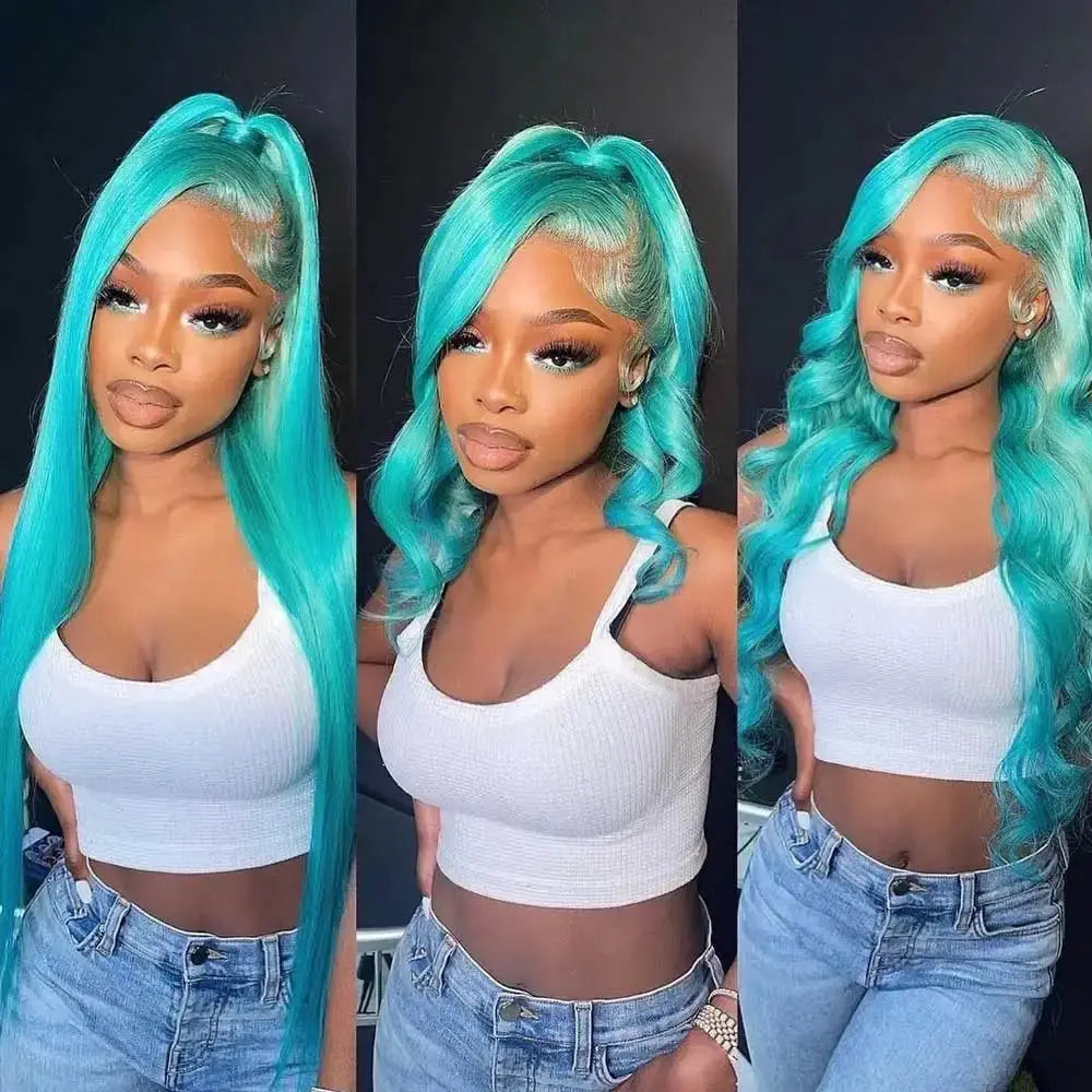 Mint Green Colored 13x4 HD Straight Human Hair/ Wigs Body Wave Pre Plucked Lace Front Wig T.L.H.M