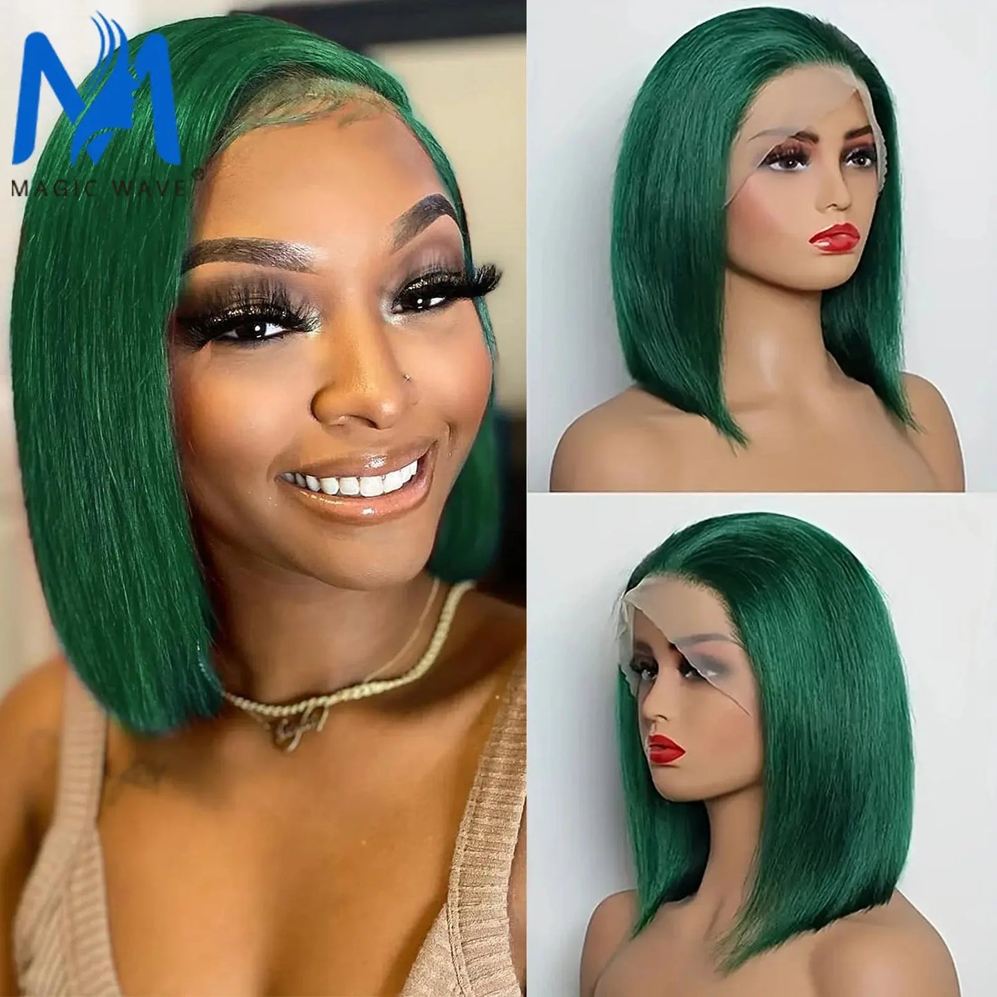 10-16 Inches Mint Green & Straight Short Bob 13x4 Lace Brazilian Remy Human Hair Wig T.L.H.M