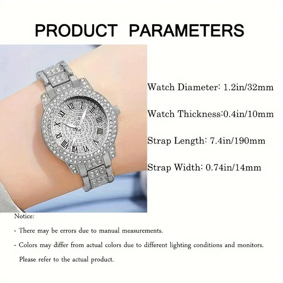 6pcs/set Women's Watch Luxury Rhinestone Quartz Watch Shiny Fashion Analog Wrist Watch & Jewelry Set, Gift For Mom Her T.L.H.M