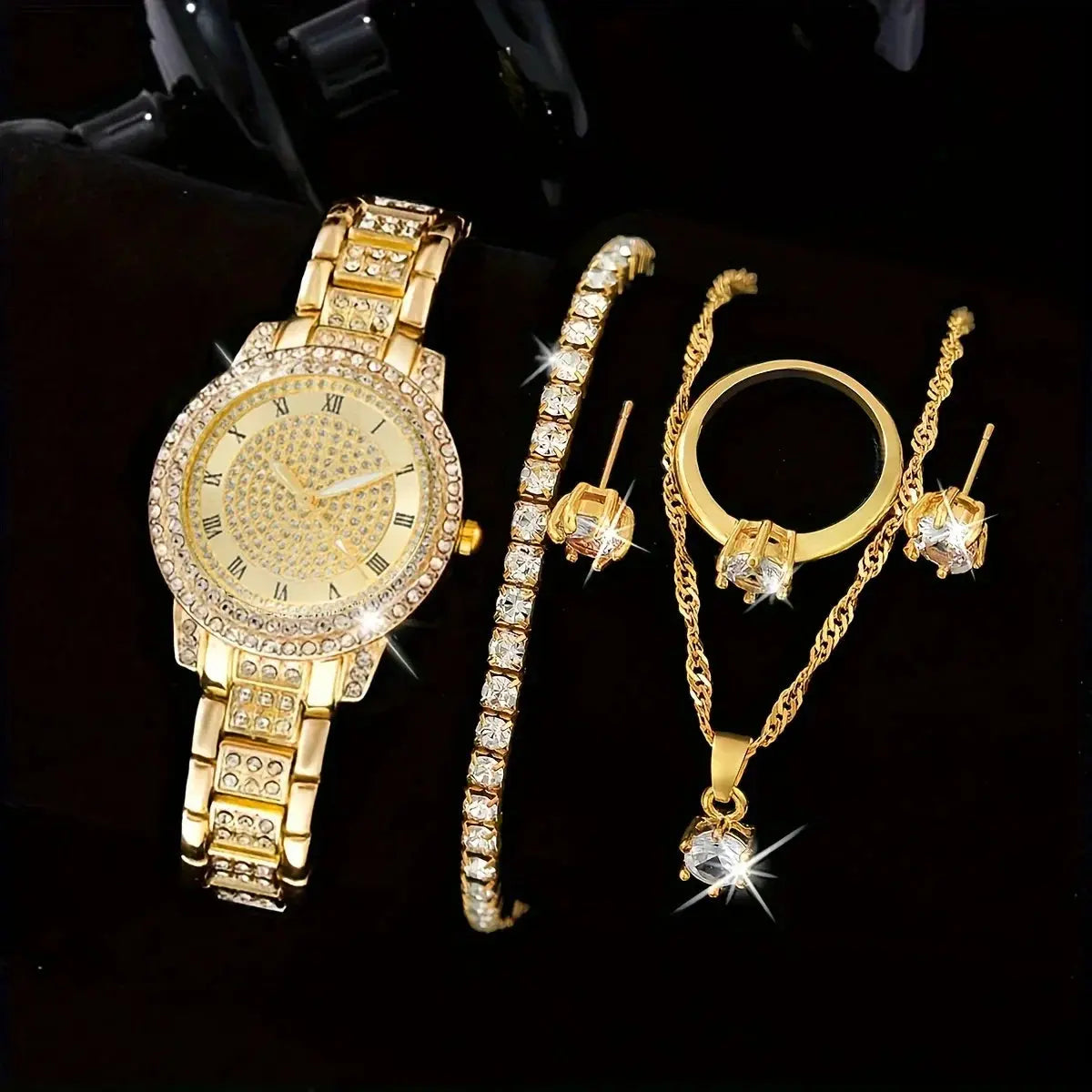 6pcs/set Women's Watch Luxury Rhinestone Quartz Watch Shiny Fashion Analog Wrist Watch & Jewelry Set, Gift For Mom Her T.L.H.M